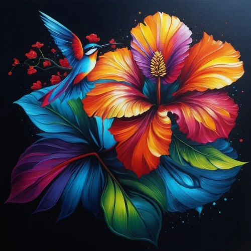 flower painting,floral rangoli,hibiscus,flower art,flower bird of paradise,hibiscus flower,hibiscus flowers,tropical bloom,bird of paradise,colorful floral,hibiscus and leaves,double hibiscus flower,flower illustrative,cosmic flower,exotic flower,flame flower,vibrantly,bird of paradise flower,flora,flowers png,Illustration,Realistic Fantasy,Realistic Fantasy 25