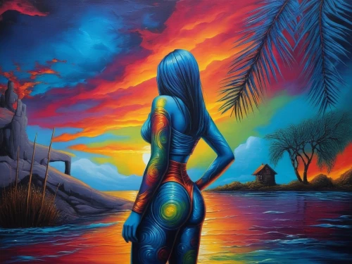 neon body painting,bodypainting,bodypaint,body painting,dubbeldam,fantasy art,welin,paschke,lateralus,psytrance,colorful background,mystique,art painting,vibrantly,fantasy picture,dmt,aquarius,indigenous painting,bioluminescent,oil painting on canvas,Illustration,Realistic Fantasy,Realistic Fantasy 25