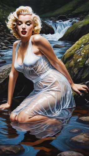 the blonde in the river,girl on the river,water nymph,naiads,naiad,marilyn monroe,sirene,streamside,flowing water,marylyn monroe - female,amphitrite,washerwoman,waterkeeper,mountain spring,the sea maid,freshwater,galatea,thetis,nereid,kupala,Illustration,Black and White,Black and White 16