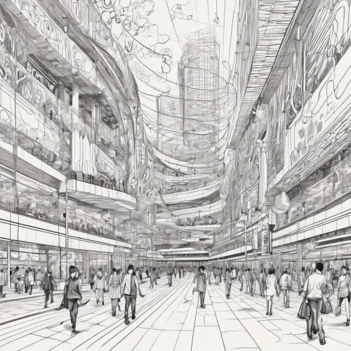 arcology,unbuilt,yodobashi,centralworld,cybercity,wireframe,transbay,dobashi,yurakucho,renderings,mono-line line art,concourses,multistoreyed,megaproject,hudson yards,revit,aeon,penciling,wireframe graphics,bustling,Illustration,Black and White,Black and White 05