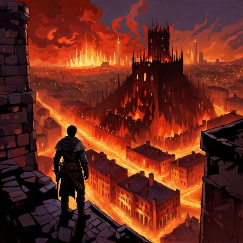 castlevania,schuitema,schuiten,city in flames,destroyed city,lankhmar,heroica,fire background,notredame,osgiliath,mordor,firelands,reichstadt,valdostan,seregil,scorched earth,tartarus,burning earth,the end of the world,inferno