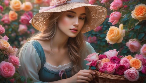 beautiful girl with flowers,girl in flowers,blooming roses,splendor of flowers,flower basket,romantic portrait,flower background,flowers in basket,girl picking flowers,romantic rose,girl in the garden,picking flowers,holding flowers,bellefleur,with roses,scent of roses,flower painting,flower hat,victorian lady,beautiful bonnet,Conceptual Art,Daily,Daily 32