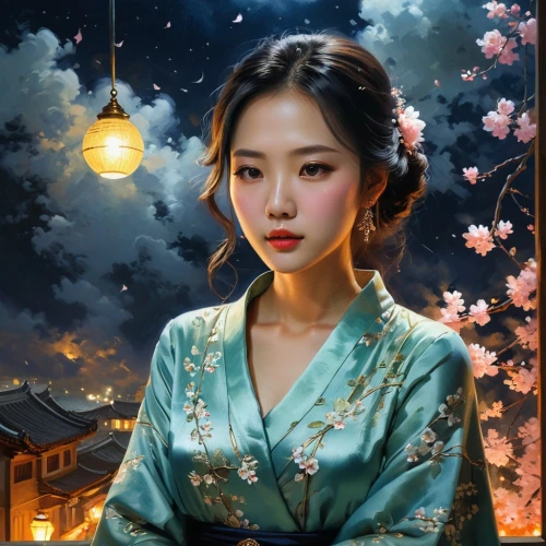 chuseok,hanbok,oriental girl,yangmei,japanese woman,oriental princess,geisha,sanxia,xiaomei,oriental painting,yanzhao,qianfei,rongfeng,vietnamese woman,asian woman,japanese sakura background,xiaofei,zhiwen,hanfu,jingqian,Conceptual Art,Oil color,Oil Color 12