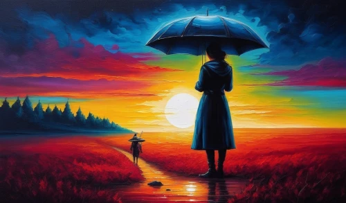 oil painting on canvas,art painting,dubbeldam,the sun and the rain,rainfall,walking in the rain,man with umbrella,oil painting,landscape background,after rain,rainswept,colorful background,light rain,after the rain,blue rain,creative background,love background,mary poppins,pintura,peinture,Illustration,Realistic Fantasy,Realistic Fantasy 25