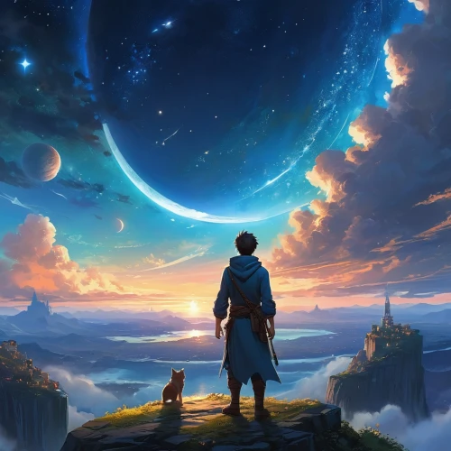 fantasy picture,moon and star background,boy and dog,skywatchers,beautiful wallpaper,the wanderer,fantasia,sky,wanderer,moon and star,the horizon,explorers,horizon,cielo,traveler,dream world,violinist violinist of the moon,scroll wallpaper,horizons,travelers,Illustration,Realistic Fantasy,Realistic Fantasy 01