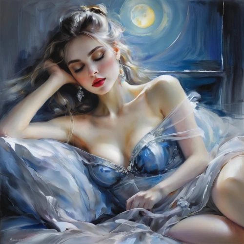 nightdress,vanderhorst,watercolor pin up,blue pillow,pin-up girl,nightgown,retro pin up girl,pin up girl,blue painting,dreamlover,etty,woman on bed,evgenia,moonlit night,nightie,dream art,pin ups,romantic portrait,whitmore,sogni,Illustration,Paper based,Paper Based 11