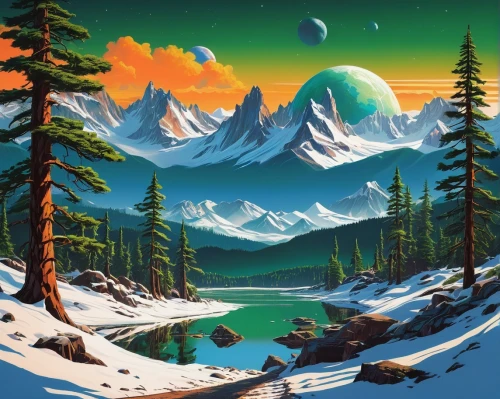 mountain scene,mountain landscape,landscape background,cascadia,mountainous landscape,snowy mountains,alpine landscape,coniferous forest,snowy peaks,nature background,mountain range,mountain sunrise,mountains,cascadian,spruce forest,paisaje,salt meadow landscape,snow landscape,snow mountains,forest landscape,Conceptual Art,Sci-Fi,Sci-Fi 20