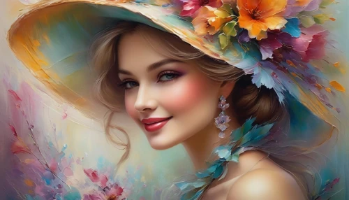 beautiful bonnet,flower painting,romantic portrait,vietnamese woman,splendor of flowers,art painting,rosalinda,watercolor women accessory,boho art style,photo painting,beautiful girl with flowers,a charming woman,flower art,boho art,bohemian art,millinery,beguelin,flower hat,portrait background,milliner,Conceptual Art,Daily,Daily 32