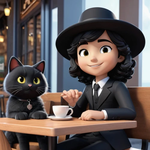 zatanna,figaro,cat's cafe,paris cafe,parisian coffee,marla,detective,cat coffee,spy,cute cartoon character,bowler hat,low poly coffee,callie,cafemom,street cafe,coffee shop,catwoman,selina,black hat,morgana,Unique,3D,3D Character