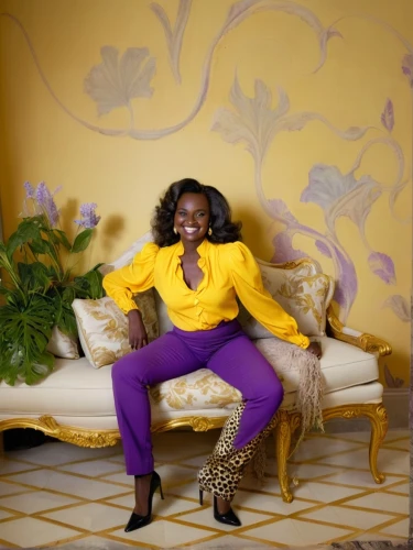 purple and gold,aduba,yellow jumpsuit,ibibio,arocena,mahlasela,gurira,lachanze,ledisi,yellow background,gold and purple,adefope,azealia,buika,purple background,in seated position,eniola,latrice,funmi,viola