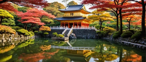 japan garden,beautiful japan,japon,japan landscape,japanese shrine,japanese garden,golden pavilion,japanese garden ornament,the golden pavilion,autumn in japan,asian architecture,kyoto,ritsurin garden,japan,japanese background,splendid colors,japans,water palace,japanese zen garden,japanese lantern,Illustration,Realistic Fantasy,Realistic Fantasy 24