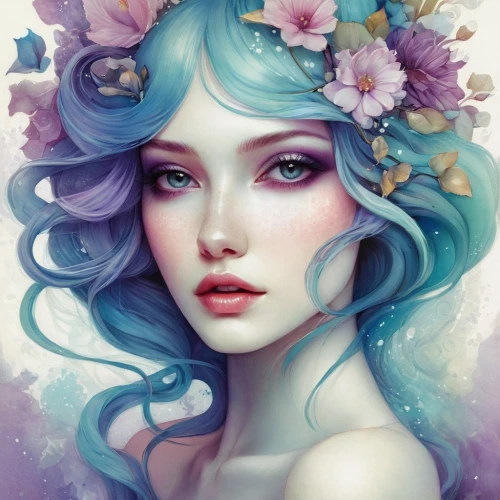 fantasy portrait,kommuna,flower fairy,faerie,faery,undine,persephone,gardenias,fairy queen,fairie,lilac blossom,elven flower,amphitrite,blue moon rose,flora,fairy galaxy,blue petals,flowers celestial,jasmine blue,naiad,Illustration,Realistic Fantasy,Realistic Fantasy 15