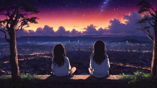 skygazers,skywatchers,tanabata,stargazers,stargazing,akashic,meditators,parallel world,gazers,night stars,dreamscape,fantasy picture,tsukihime,escapism,dream world,starry sky,parallel worlds,universe,overlooking,night sky,Illustration,Japanese style,Japanese Style 05