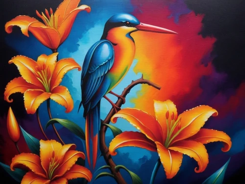 bird painting,colorful birds,tropical bird,bird of paradise,tropical birds,river kingfisher,oil painting on canvas,oil painting,birds of paradise,pfau,audubon,tropical bird climber,kingfishers,egretta,tui,kingfisher,eurasian kingfisher,perry,oil on canvas,flower painting,Illustration,Realistic Fantasy,Realistic Fantasy 25