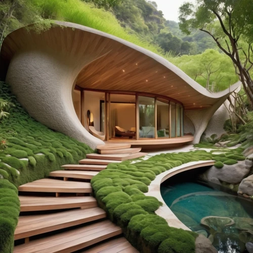 grass roof,beautiful home,forest house,dreamhouse,dunes house,house in mountains,house in the mountains,roof landscape,landscaped,pool house,house in the forest,earthship,futuristic architecture,cubic house,tropical house,summer house,asian architecture,house by the water,luxury property,house with lake,Illustration,Retro,Retro 08