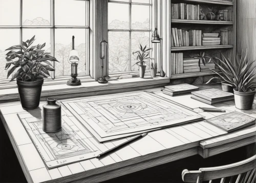 study room,wireframe graphics,office line art,mono-line line art,schoolroom,working space,sketchup,consulting room,penciling,game drawing,workspace,sewing room,classroom,study,schuitema,mono line art,kitchen table,workroom,scriptorium,schuiten,Photography,Black and white photography,Black and White Photography 11