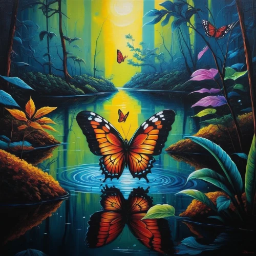 butterfly swimming,mariposas,butterfly background,tropical butterfly,oil painting on canvas,ulysses butterfly,aurora butterfly,mariposa,oil on canvas,isolated butterfly,oil painting,butterflies,passion butterfly,butterfly isolated,butterfly effect,butterfly,orange butterfly,morphos,glass painting,ayahuasca,Illustration,Realistic Fantasy,Realistic Fantasy 25