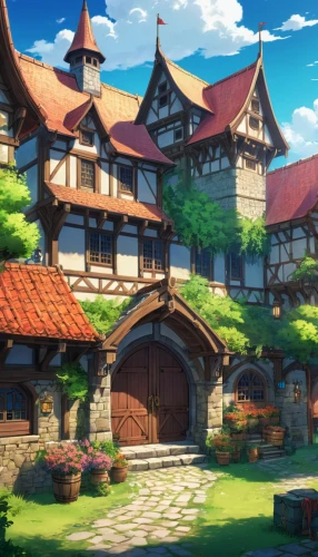 violet evergarden,highstein,ghibli,studio ghibli,knight village,machico,witch's house,sylvania,butka,beautiful buildings,dreamhouse,euphonium,country estate,fairy tale castle,beautiful home,maplestory,redwall,alfheim,ancient house,guild,Illustration,Japanese style,Japanese Style 03
