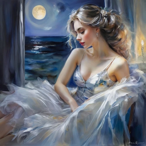 nightdress,moonlit night,romantic portrait,blue moon rose,the sea maid,moonlit,moondance,moonlighted,blue moon,moonlight,sea night,dmitriev,donsky,moonbeams,dreamscapes,fantasy art,dream art,beguelin,lady of the night,dreamlover,Illustration,Paper based,Paper Based 11