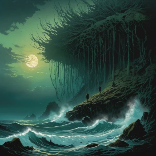 charybdis,fathom,undertow,oceano,lovecraft,tidal wave,dark beach,maelstrom,sea storm,lovecraftian,ocean waves,dragonstone,gravemind,fantasy picture,sea landscape,sea night,emerald sea,deep ocean,innsmouth,storm surge,Illustration,Realistic Fantasy,Realistic Fantasy 05