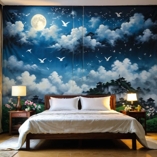 sleeping room,headboards,wall decoration,starry sky,wallpapering,starry night,dream art,headboard,wallpapered,wall decor,wallcoverings,night sky,dreamscapes,wall painting,moon and star background,guestroom,great room,wall art,children's bedroom,boy's room picture,Conceptual Art,Graffiti Art,Graffiti Art 12