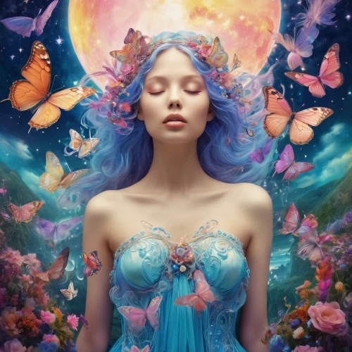 faerie,dreamscapes,fairy queen,fairie,flower fairy,faery,fairy galaxy,fantasy art,fantasy picture,fairy,dreamtime,blue moon rose,fantasy portrait,little girl fairy,fairyland,blue enchantress,fairy world,mystical portrait of a girl,dreamscape,dreamlike,Illustration,Realistic Fantasy,Realistic Fantasy 37