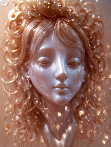 cherubic,water pearls,doll's head,sculpts,golden wreath,gold foil mermaid,lalique,sculpt,golden crown,wet water pearls,clay doll,tears bronze,doll's facial features,sculpting,artist doll,mikimoto,giorno,doll head,sun bride,pearls