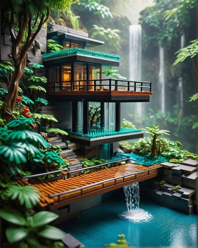 tropical jungle,green waterfall,tropical house,fallingwater,tropical forest,tropical island,asian architecture,rainforest,neotropical,oasis,vietnam,pool house,underwater oasis,atriums,tropical greens,jungle,gondwanaland,amazonica,amanresorts,bali,Illustration,Vector,Vector 09