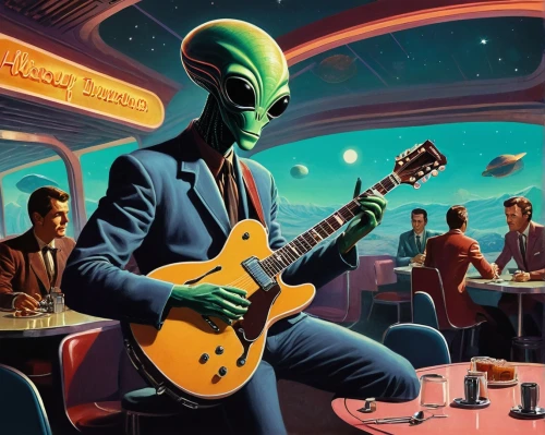 extraterritorial,martians,extraterrestrials,ufologist,spaceland,danelectro,ufo interior,cantina,mekon,guitar player,extraterrestrial life,extraterritoriality,rippingtons,extraterrestrial,flying saucer,diner,retro diner,namurian,saucer,mysterians,Conceptual Art,Sci-Fi,Sci-Fi 20