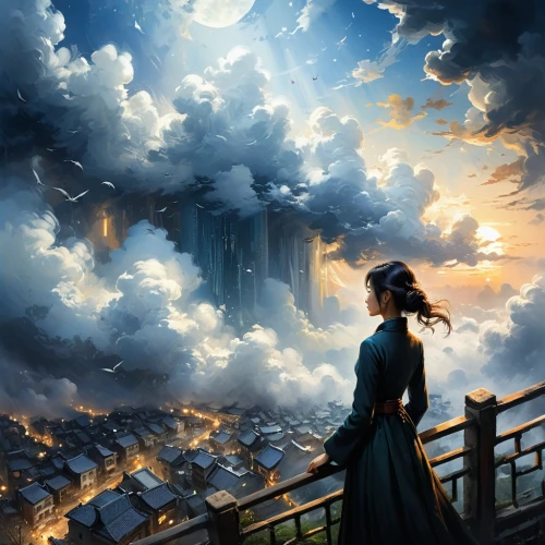 seregil,fantasy picture,skyscape,cielo,gondolin,ciel,cloud atlas,skycraper,above the city,sky,sci fiction illustration,skyflower,world digital painting,dream world,cloudstreet,cityscape,dreamscape,heavenward,night sky,evening atmosphere,Conceptual Art,Fantasy,Fantasy 12