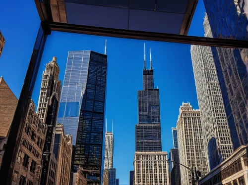 sears tower,willis tower,tall buildings,streeterville,skyscrapers,chicago,midtown,glass facades,tishman,ctbuh,chicago skyline,glass building,wolfensohn,chicagoan,bunshaft,financial district,twin tower,scrapers,supertall,1 wtc,Illustration,Retro,Retro 20