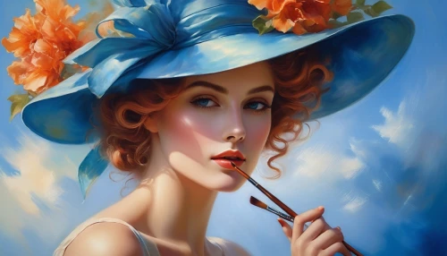 domergue,woman's hat,beautiful bonnet,follieri,the hat of the woman,milliner,the hat-female,oil painting,art deco woman,blue painting,woman with ice-cream,mademoiselle,dossi,fantasy portrait,pittura,flower painting,romantic portrait,cigarette girl,viveros,smoking girl,Conceptual Art,Daily,Daily 32