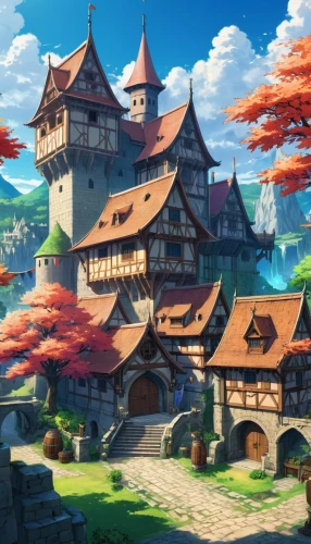 knight village,arenanet,ghibli,sylvania,alpine village,meteora,fairy tale castle,studio ghibli,knight's castle,oktoberfest background,butka,summit castle,highstein,aurora village,kinkade,castle iron market,medieval castle,mountain settlement,new castle,krosby,Illustration,Japanese style,Japanese Style 03