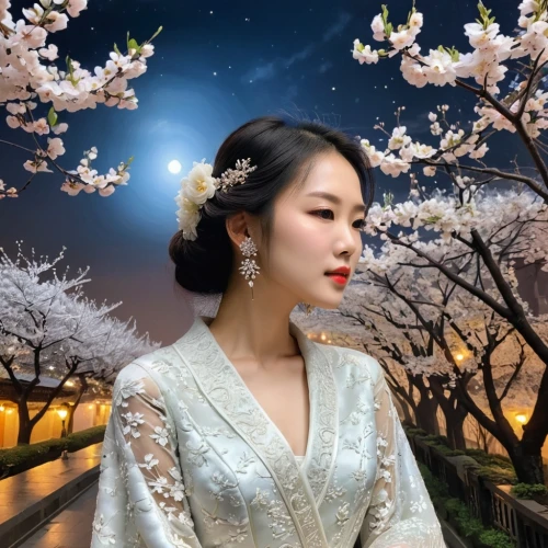 hanbok,chuseok,ao dai,hanfu,oriental princess,japanese sakura background,geiko,white blossom,the cherry blossoms,jingqian,yunjin,plum blossom,the plum flower,heungseon,hyang,maiko,plum blossoms,xiaojie,jasmine blossom,yingjie,Photography,Fashion Photography,Fashion Photography 12
