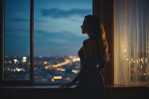 woman silhouette,silhouette,soir,city lights,nightdress,window view,in the evening,silhouetted,girl in a long dress,night light,evening atmosphere,the silhouette,citylights,silhouettes,romantic night,overlooking,night scene,nightlife,blue hour,art silhouette,Photography,General,Cinematic