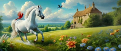 a white horse,white horse,licorne,unicorn background,fantasy picture,landscape background,fantasy art,white horses,pegasi,equine,unicorn art,coville,lipizzan,beautiful horses,dmitriev,oil painting on canvas,pacher,art painting,meadow landscape,pegasys