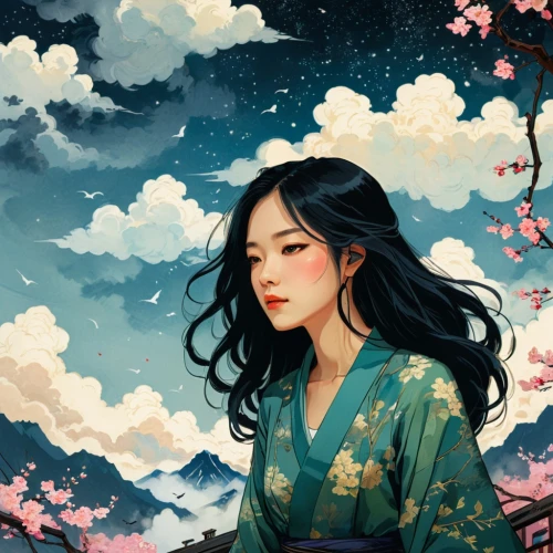 chuseok,cherry blossoms,plum blossoms,hanfu,almond blossoms,the cherry blossoms,oriental girl,mulan,cherry blossom,kommuna,oriental princess,cold cherry blossoms,jasmine blossom,blossoms,ugetsu,plum blossom,japanese sakura background,kimono,japanese floral background,geisha girl,Illustration,Black and White,Black and White 12