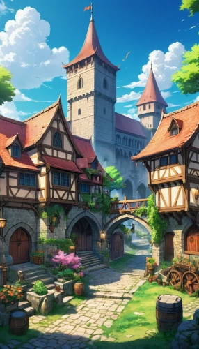 knight village,highstein,medieval town,alpine village,oktoberfest background,butka,aurora village,castle iron market,escher village,sylvania,fairy tale castle,arenanet,townsmen,townsquare,medieval,ghibli,medieval castle,tavern,rodenburg,riftwar,Illustration,Japanese style,Japanese Style 03