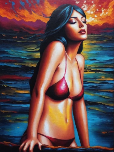 oil painting on canvas,mousseau,chicana,viveros,oil painting,welin,pintura,mexican painter,bather,polynesian girl,oil on canvas,art painting,pintor,hawaiiana,neon body painting,airbrush,sunset beach,chicanas,oil paint,glass painting,Illustration,Realistic Fantasy,Realistic Fantasy 25