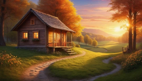 home landscape,lonely house,small cabin,little house,summer cottage,small house,cottage,house in the forest,landscape background,wooden house,cabin,wooden hut,country cottage,the cabin in the mountains,beautiful home,log cabin,house in mountains,autumn morning,world digital painting,autumn idyll,Conceptual Art,Daily,Daily 32