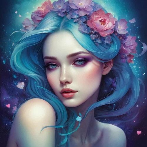 fantasy portrait,blue moon rose,undine,mystical portrait of a girl,amphitrite,flower fairy,fairie,mermaid background,mermaid vectors,blu flower,faery,blue petals,persephone,naiad,blue rose,faerie,blue hydrangea,blue enchantress,fairy queen,fairy galaxy,Illustration,Realistic Fantasy,Realistic Fantasy 15