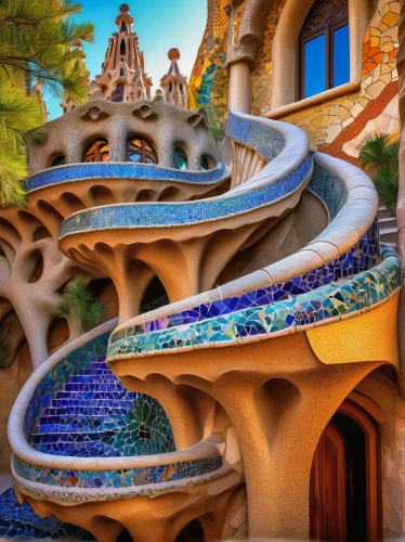 gaudi,winding steps,fairy tale castle,fantasyland,3d fantasy,gaudi park,fairytale castle,disney castle,the disneyland resort,elves flight,escaleras,water stairs,imaginationland,park güell,agrabah,spiral staircase,disneyland park,rapunzel,disneyfied,stone stairs,Illustration,Japanese style,Japanese Style 09