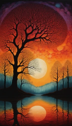 tangerine tree,painted tree,red sun,colorful tree of life,tree silhouette,mushroom landscape,watercolor tree,silhouette art,orange sky,nature background,fractals art,circle around tree,tree of life,landscape background,sun,sun reflection,magic tree,red tree,glass painting,world digital painting,Illustration,Abstract Fantasy,Abstract Fantasy 19