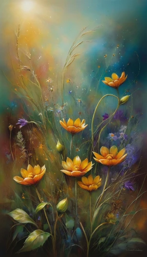 flower painting,waterlilies,water lilies,underwater landscape,water flowers,lilies,water lotus,splendor of flowers,flower water,lilies of the valley,calendula,lillies,yellow cosmos,pond flower,golden lotus flowers,sea of flowers,orange flowers,flower art,oil painting on canvas,calendula petals,Conceptual Art,Daily,Daily 32