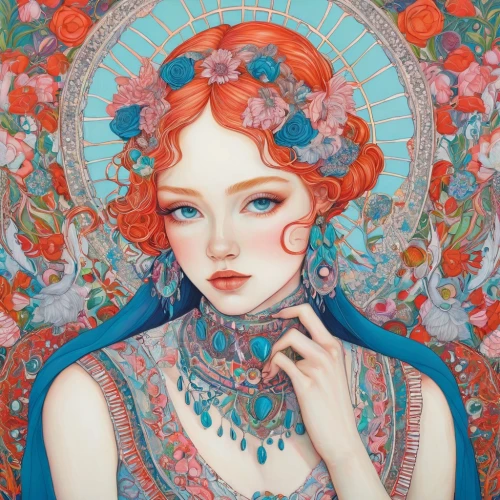 kommuna,viveros,mucha,persephone,safronov,melusine,oriental princess,oiran,orange blossom,eckmann,boho art,jasmine blue,bohemian art,amano,flora,boho art style,blue birds and blossom,klimley,fairie,oriental girl,Illustration,Abstract Fantasy,Abstract Fantasy 04