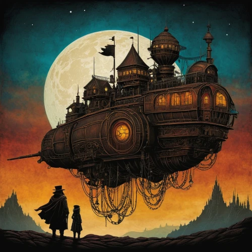 steampunk,ghost locomotive,airship,discworld,airships,skyship,halloween travel trailer,bathysphere,ghost train,moon car,halloween poster,zeppelin,sci fiction illustration,dirigible,landship,stagecoach,halloween illustration,vimana,merchant train,shambhala,Illustration,Abstract Fantasy,Abstract Fantasy 19