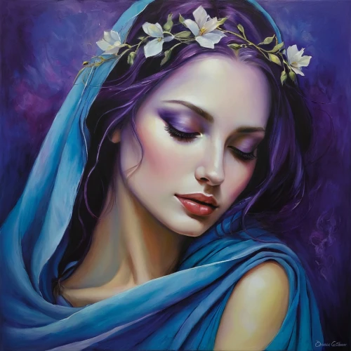 lilac blossom,lilac flower,purple lilac,la violetta,the lavender flower,liliana,lilacs,jasmine blue,lilac flowers,jasmine-flowered nightshade,golden lilac,oil painting on canvas,white lilac,blue petals,romantic portrait,blue moon rose,fantasy art,art painting,mystical portrait of a girl,violette,Illustration,Realistic Fantasy,Realistic Fantasy 30