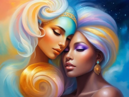 wlw,harmony of color,sun and moon,colorism,affirmance,complexions,priestesses,muses,swirl,beautiful african american women,vibrantly,black couple,goddesses,fantasy art,amantes,harmonious,dream art,harmoniously,orions,reinas,Illustration,Realistic Fantasy,Realistic Fantasy 01