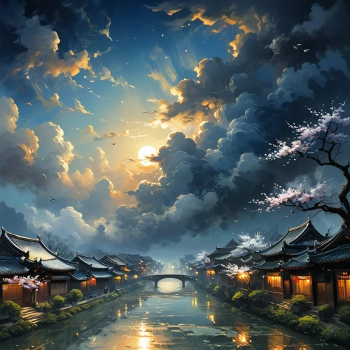 world digital painting,fantasy landscape,qingcheng,oriental painting,asian architecture,japan landscape,qibao,oriental,wuzhen,fantasy picture,japanese art,suzhou,landscape background,dragon boat,lijiang,rongfeng,shaoming,yiping,tianxia,wenzhao,Conceptual Art,Fantasy,Fantasy 12