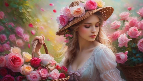 girl in flowers,beautiful girl with flowers,girl picking flowers,flower painting,holding flowers,splendor of flowers,flower hat,picking flowers,romantic rose,blooming roses,wild roses,flower background,flower delivery,scent of roses,pink roses,fantasy picture,fantasy art,flower art,landscape rose,pink rose,Conceptual Art,Daily,Daily 32